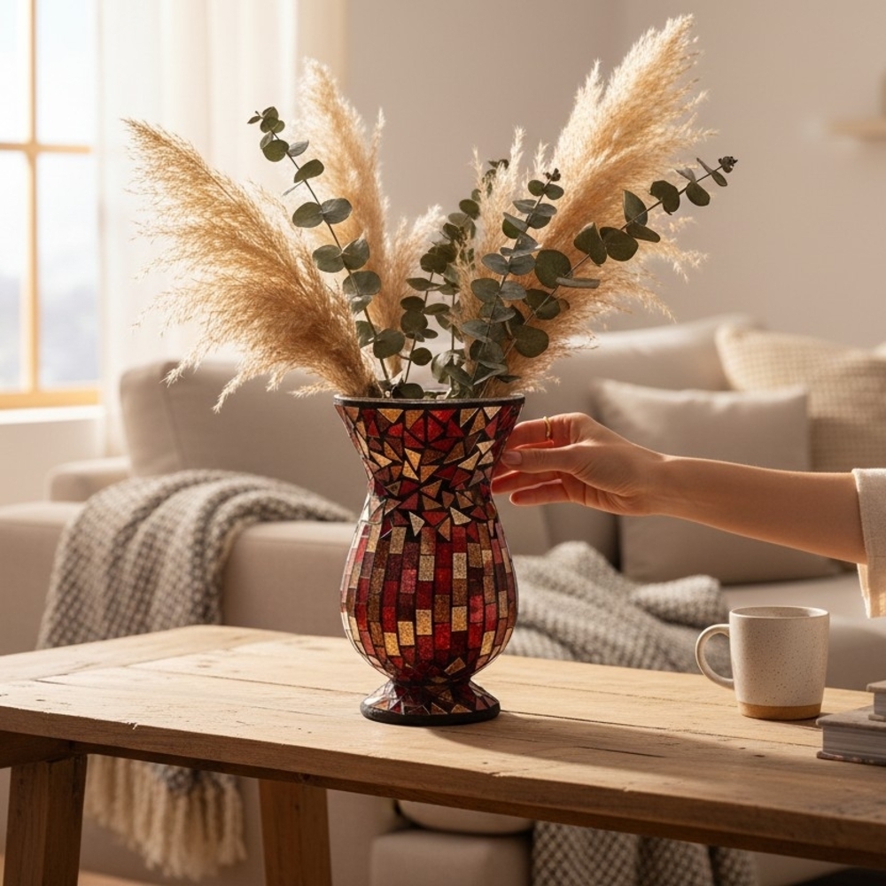 Red and Gold Mosaic Vase Home Dercor Decoration Glass